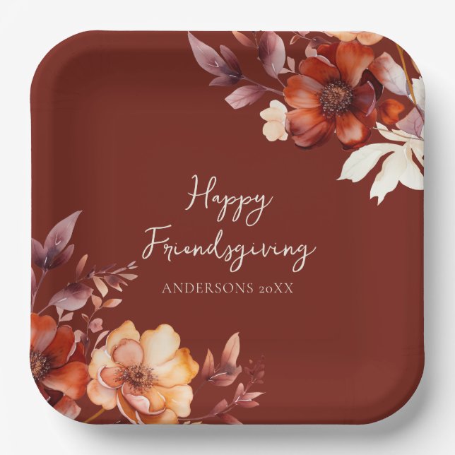Modern Floral Friendsgiving  Paper Plates (Front)