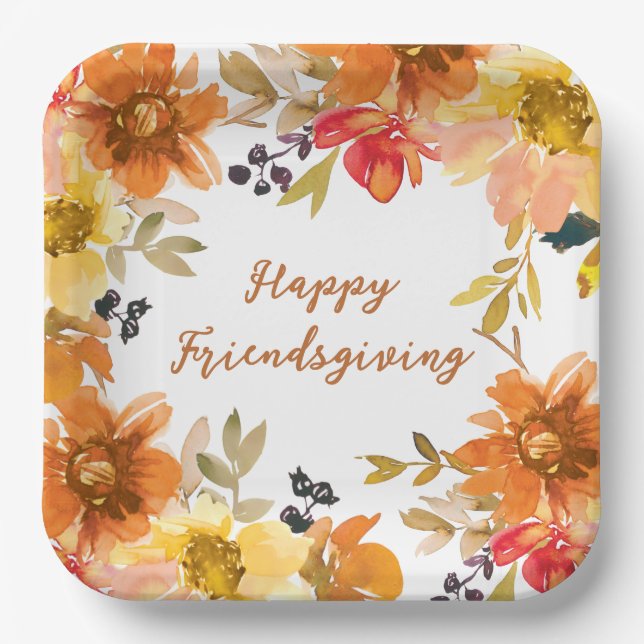 Modern Floral Friendsgiving  Paper Plates (Front)