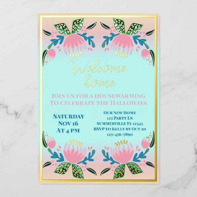 Modern Floral Garden Housewarming Party Foil Invitation (Front)