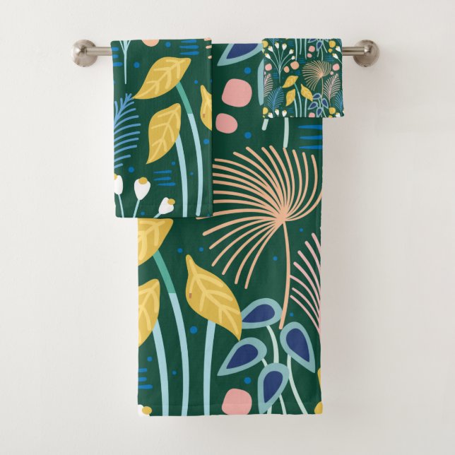 Modern Floral Garden Illustration Pattern in Green Bath Towel Set (Insitu)