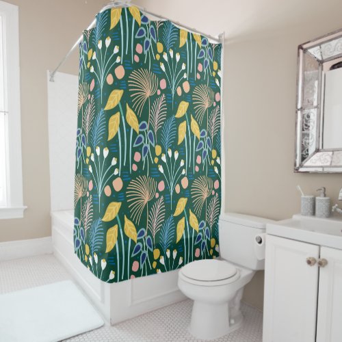 Modern Floral Garden Illustration Pattern in Green Shower Curtain