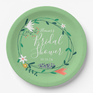 Modern Floral Garland Elegant Script Bridal Shower Paper Plates
