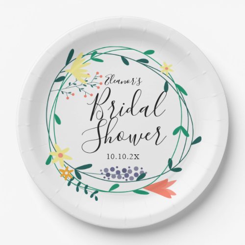 Modern Floral Garland Elegant Script Bridal Shower Paper Plates