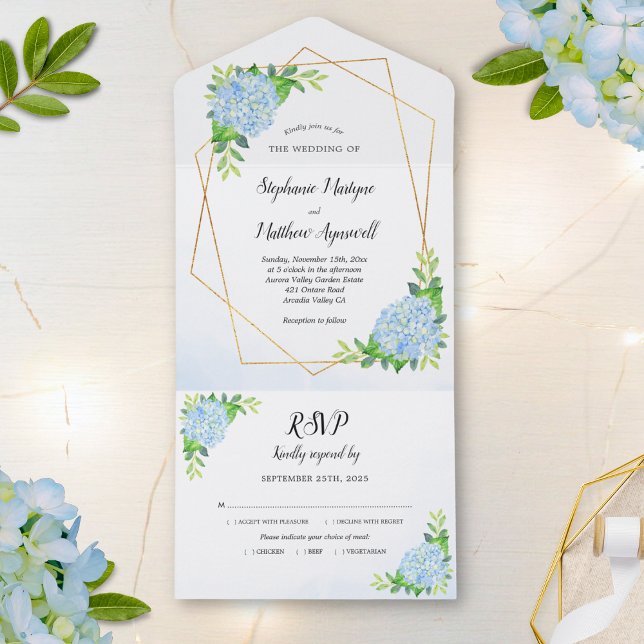 Modern Floral Geometric Blue Hydrangea Wedding All In One Invitation (Creator Uploaded)