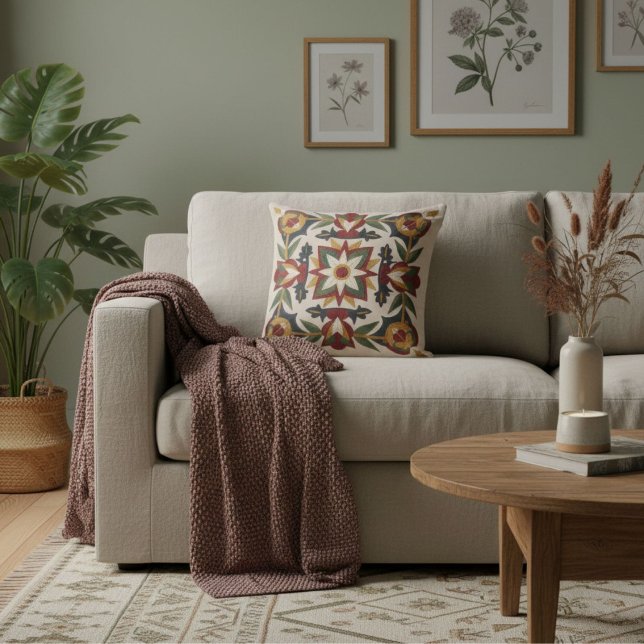  Modern floral geometric  motifs retro pattern  Throw Pillow (Creator Uploaded)