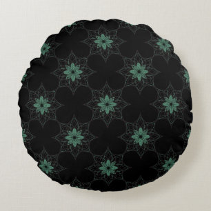 Modern Floral Geometric Pattern Teal and Black Round Pillow