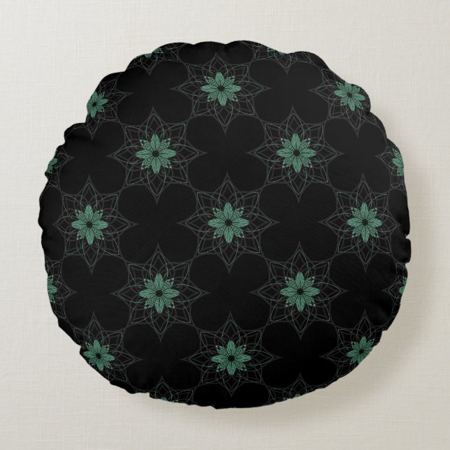 Modern Floral Geometric Pattern Teal and Black Round Pillow (Front)