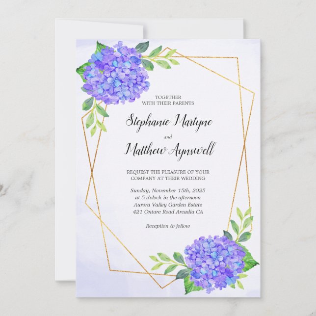 Modern Floral Geometric Purple Hydrangea Wedding Invitation (Front)