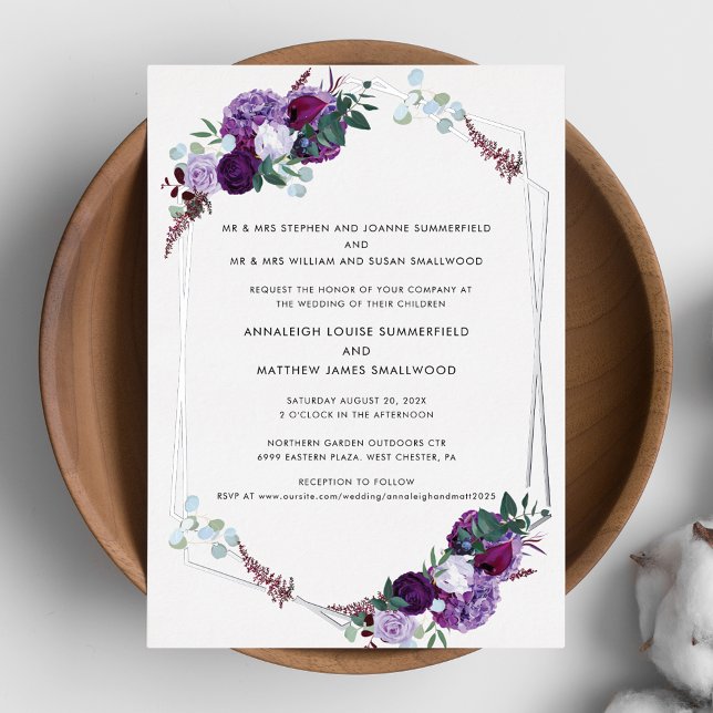 Modern Floral Geometric Wedding Silver Foil Invitation (Purple Floral Watercolor Silver Foil Geometric Wedding Invitation)