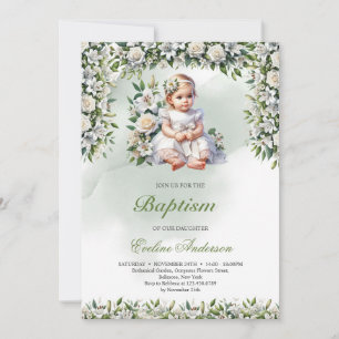 Modern floral girl Baptism invitation