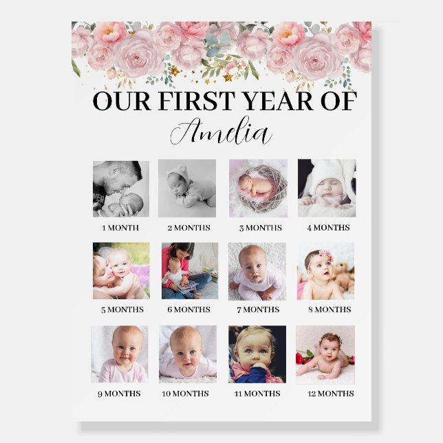 Modern Floral Girl First Year Photo Milestone  Foam Board (Front)