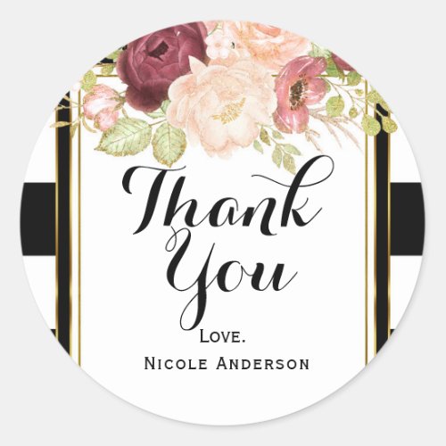 Modern Floral Glam Black White Stripe Chic Favor Classic Round Sticker