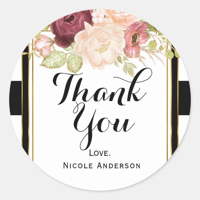 Modern Floral Glam Black White Stripe Chic Favor Classic Round Sticker (Front)
