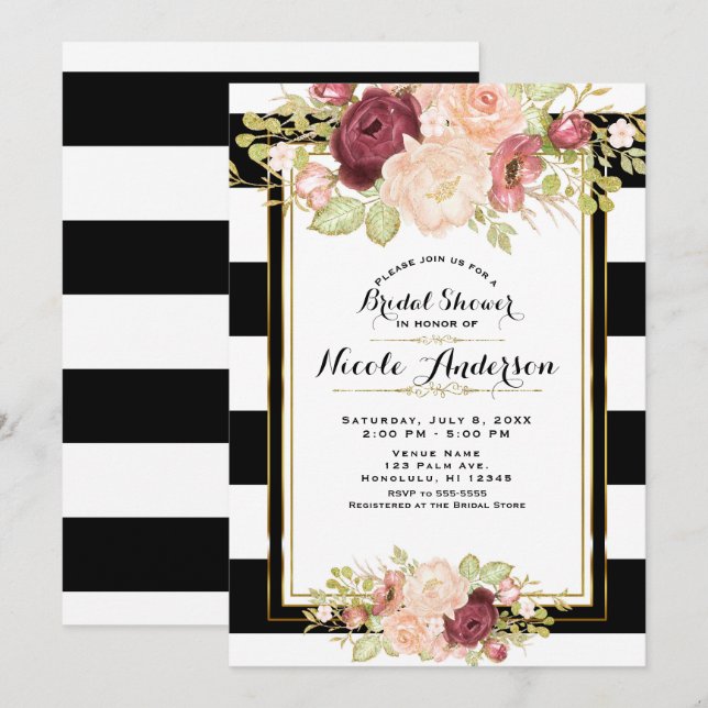 Modern Floral Glam Black White Stripes Bridal Invitation (Front/Back)