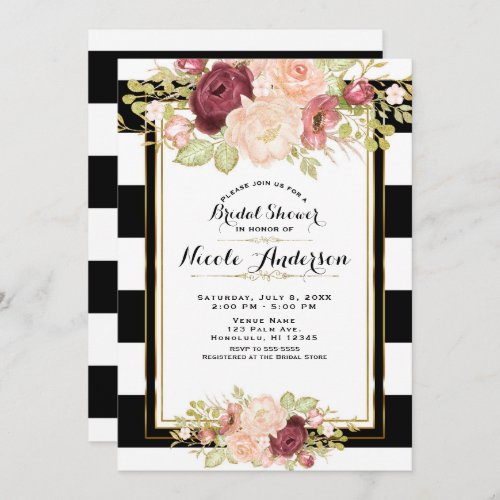 Modern Floral Glam Black White Stripes Bridal Invitation