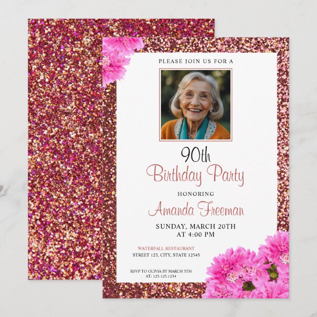 Modern Floral Glitter 90th Birthday Invitation (Front/Back)