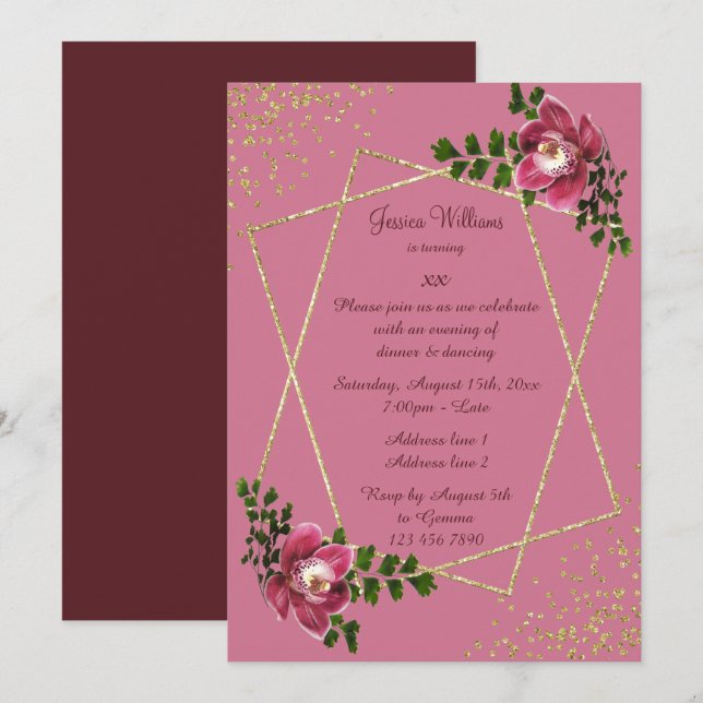 Modern Floral, Glitter & Confetti Woman's Birthday Invitation (Front/Back)