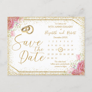 Modern Floral Gold 50th Anniversary Save The Date Announcement Postcard