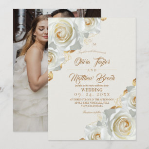 Modern Floral Gold and Ivory Roses Wedding Invitation