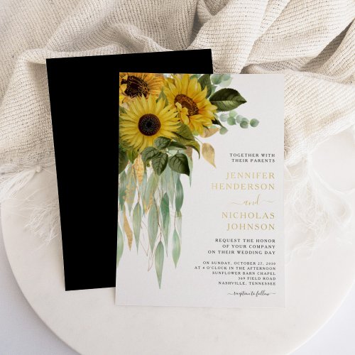 Modern Floral Gold Black  White Gold  Foil Invitation