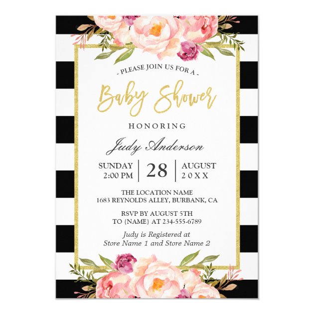 Modern Floral Gold Black White Stripes Baby Shower Invitation