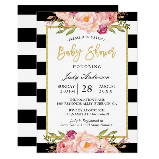 Modern Fl Gold Black White Stripes Baby Shower Invitation Modern Fl Gold Black White Stripes Baby Shower Invitation Zazzle