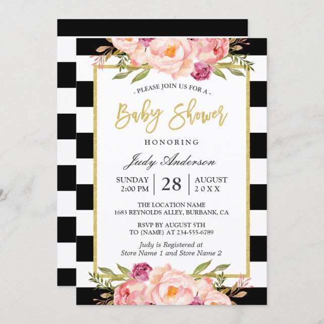 Modern Floral Gold Black White Stripes Baby Shower Invitation (Front/Back)