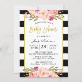 Modern Floral Gold Black White Stripes Baby Shower Invitation (Front)