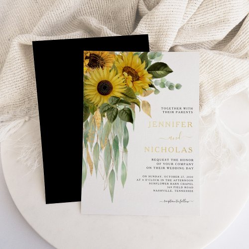 Modern Floral Gold Black  White Wedding Foil Invitation