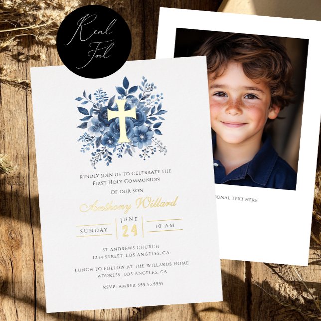 Modern Floral Gold Cross Boys First Communion  Foil Invitation (Creator Uploaded)