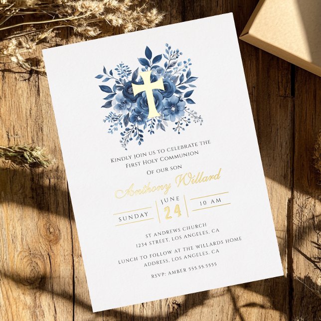 Modern Floral Gold Cross Boys First Communion  Foil Invitation (Creator Uploaded)