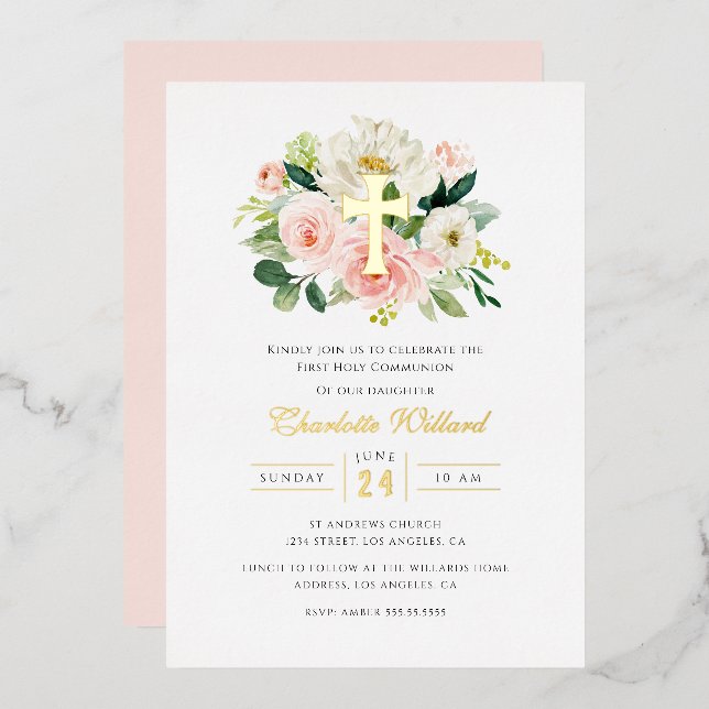 Modern Floral Gold Cross Girls First Communion  Foil Invitation (Front/Back)