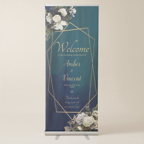 Modern Floral Gold Emerald Green Wedding Welcome Retractable Banner