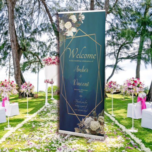 Modern Floral Gold Emerald Green Wedding Welcome Retractable Banner