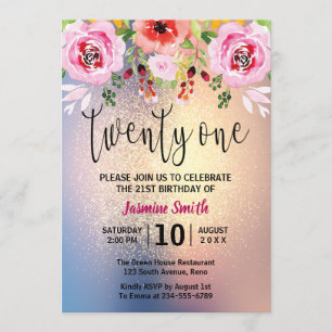 Modern Floral Gold Glitter 21st Birthday Invitation
