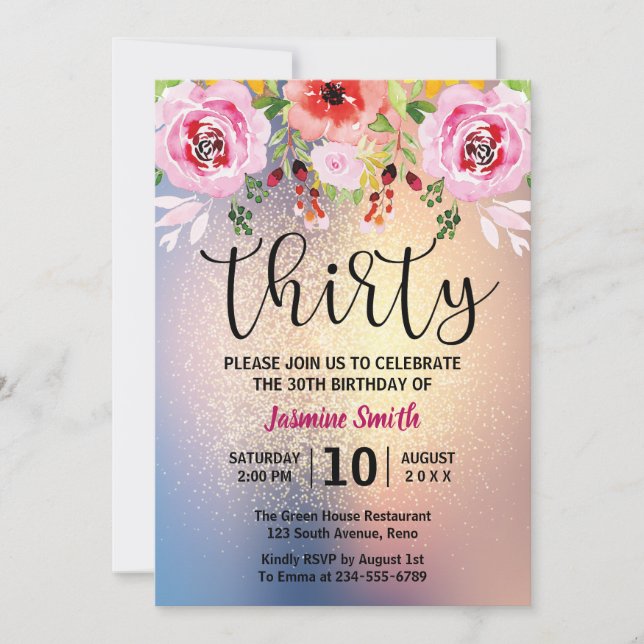 Modern Floral Gold Glitter 30th Birthday Invitation (Front)