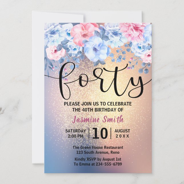 Modern Floral Gold Glitter 40th Birthday Invitation (Front)