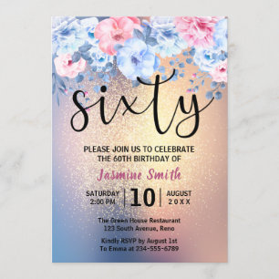 Modern Floral Gold Glitter 60th Birthday Invitation