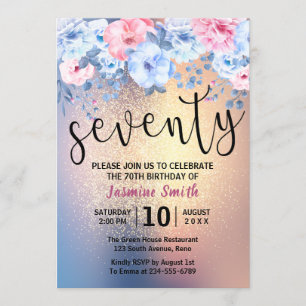Modern Floral Gold Glitter 70th Birthday Invitation