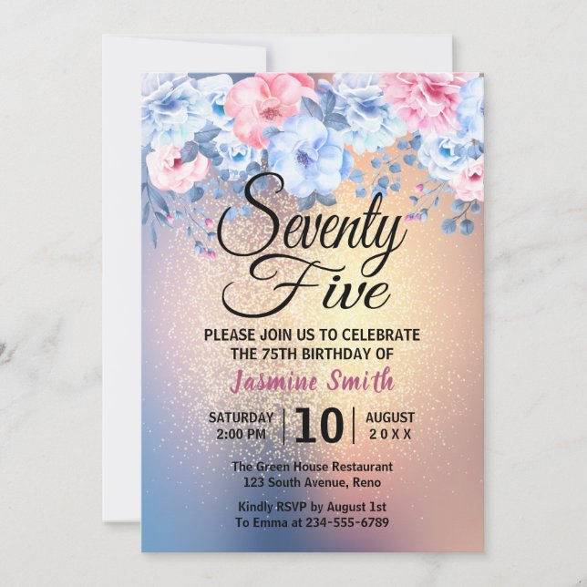 Modern Floral Gold Glitter 75th Birthday Invitation (Front)
