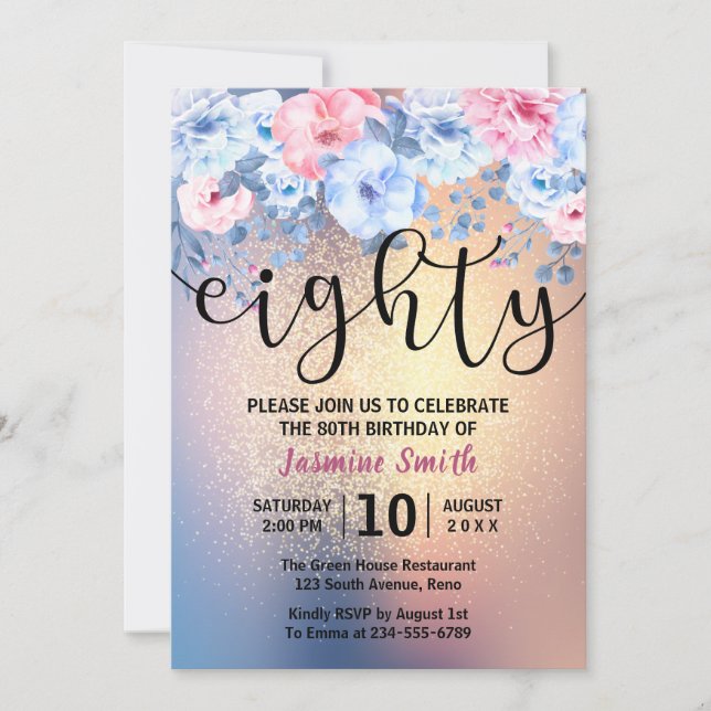 Modern Floral Gold Glitter 80th Birthday Invitation (Front)