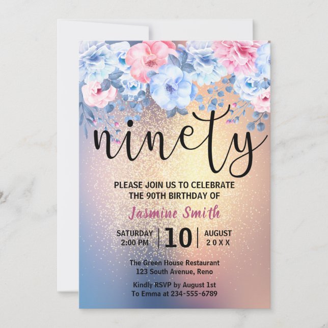 Modern Floral Gold Glitter 90th Birthday Invitation (Front)