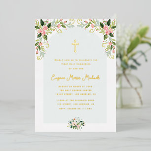 Modern floral gold text first communion foil invitation