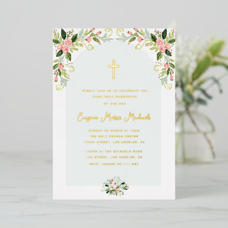 Modern floral gold text first communion foil invitation