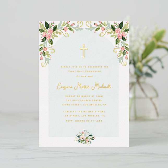 Modern floral gold text first communion foil invitation (Standing Front)