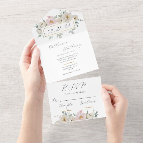 Modern Floral Gold Wedding All In One Invitation