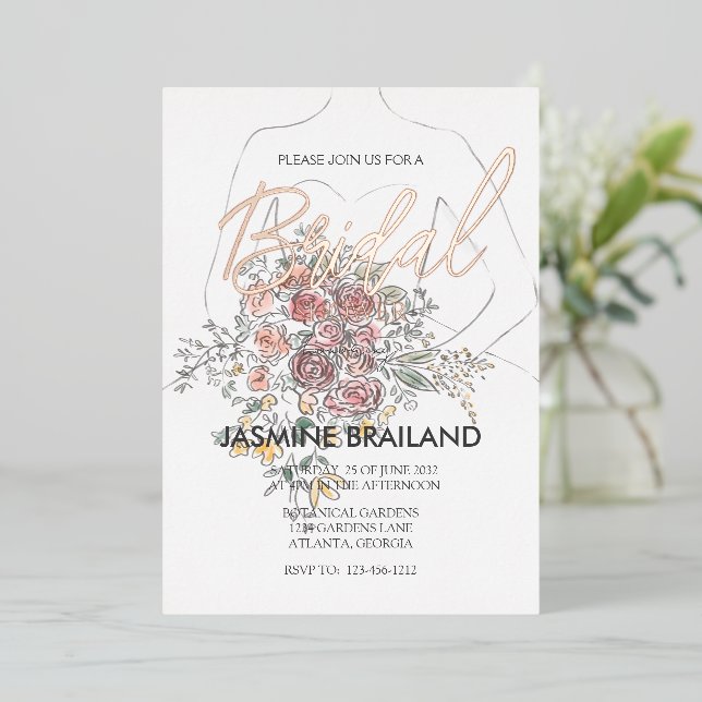 Modern Floral Gown Bridal Shower Gold   Foil Invitation (Standing Front)