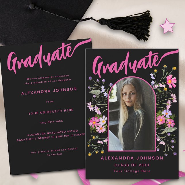 Modern Floral Graduate Photo Black Pink Script Announcement (Wildflower boho arch graduate photo archive black and hot pink script Graduation announcement card)