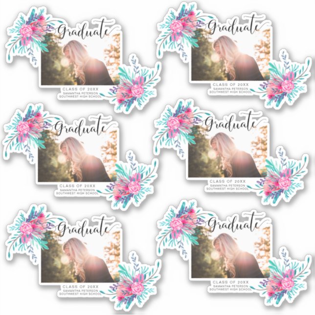 Modern floral graduate typography graduation photo sticker (Front)