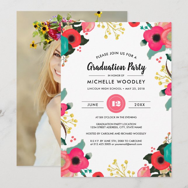 Modern Floral Graduation Invitation Photo Card (Front/Back)